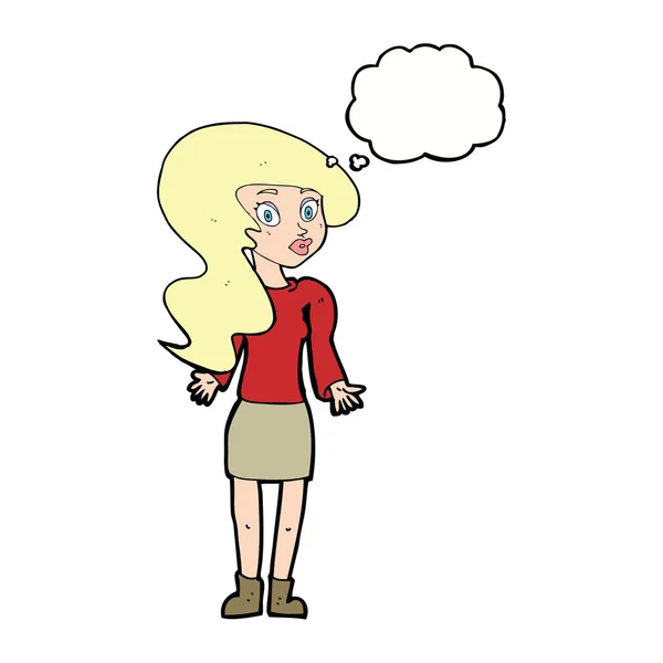 思考バブルで肩をすくめる漫画の女性 — ストックベクタ