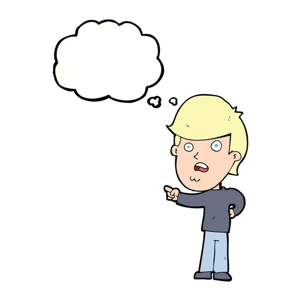 Dibujos animados sorprendido hombre apuntando con burbuja de pensamiento — Vector de stock