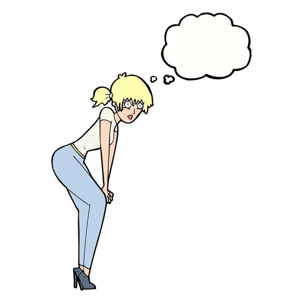 Mulher dos desenhos animados posando com bolha pensamento — Vetor de Stock