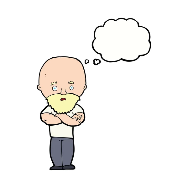 Cartone animato uomo calvo scioccato con barba con bolla di pensiero — Vettoriale Stock