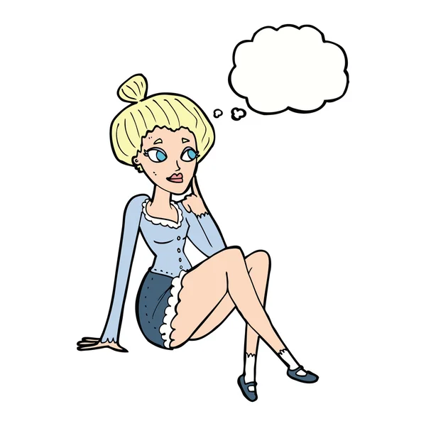 漫画の魅力的な女性が思考バブルで座っている — ストックベクタ