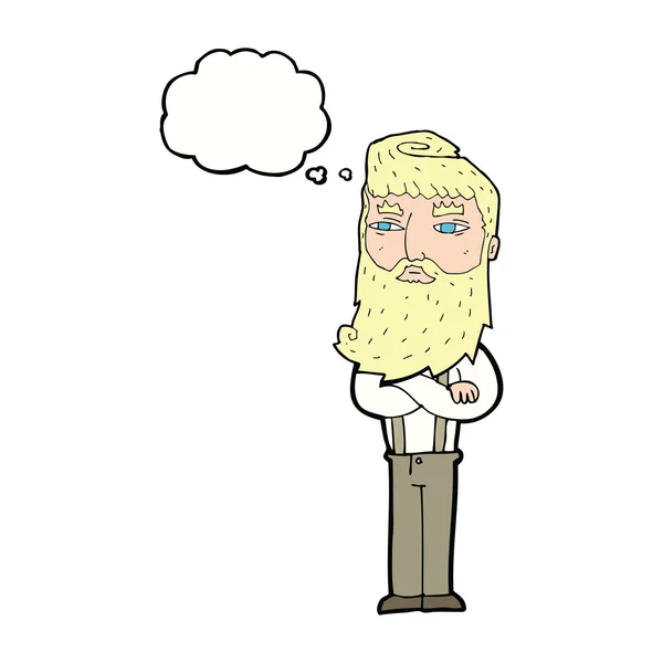 Dessin animé homme sérieux avec barbe avec bulle de pensée — Image vectorielle