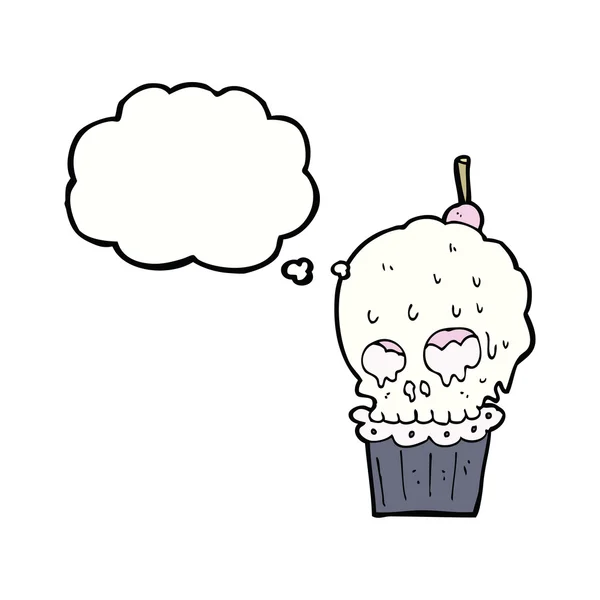 Cartoon griezelige schedel cupcake met gedachte zeepbel — Stockvector