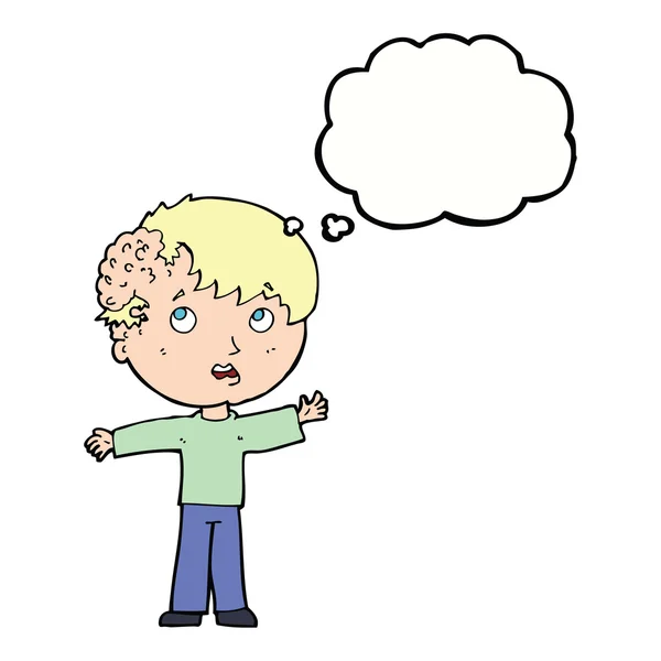 Καρτούν αγόρι με ανάπτυξη στο κεφάλι με φούσκα σκέψης — Διανυσματικό Αρχείο