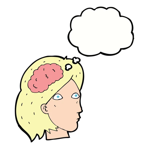 Dessin animé tête féminine avec symbole du cerveau avec bulle de pensée — Image vectorielle