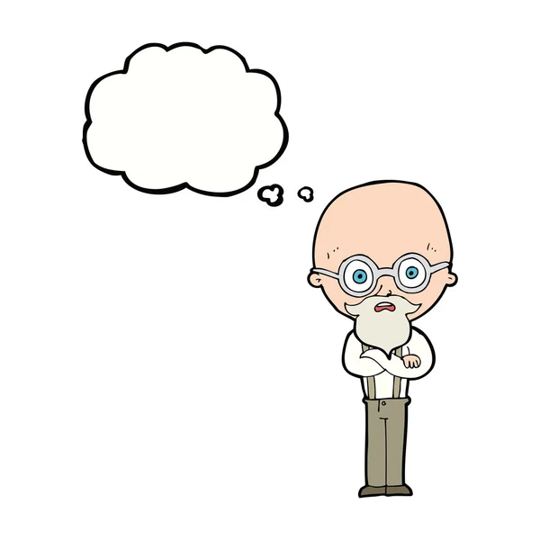 Dibujos animados hombre viejo molesto con burbuja de pensamiento — Vector de stock