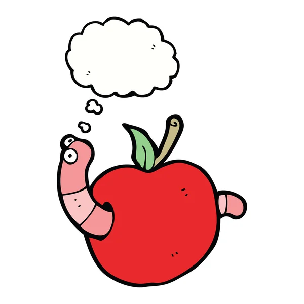 Verme dos desenhos animados em maçã com bolha de pensamento — Vetor de Stock