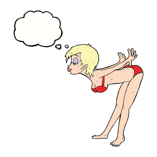 Cartone animato pin up ragazza in bikini con bolla di pensiero — Vettoriale Stock