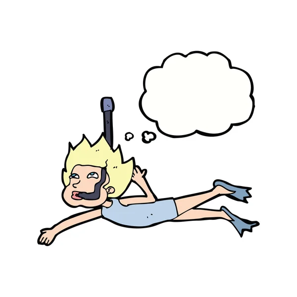 Cartoon zwemmer met snorkel met gedachte zeepbel — Stockvector