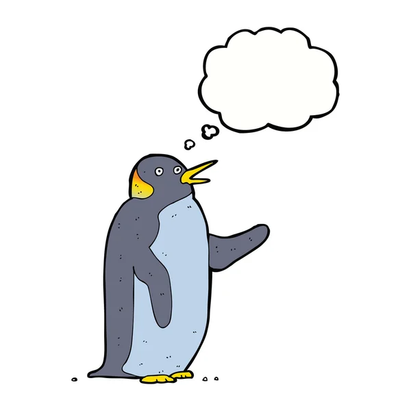 Pingüino de dibujos animados ondeando con burbuja de pensamiento — Vector de stock