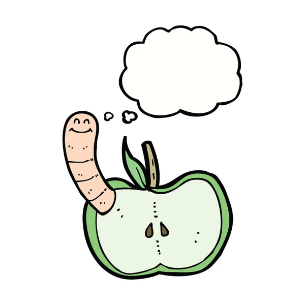 Cartoon-Apfel mit Wurm mit Gedankenblase — Stockvektor