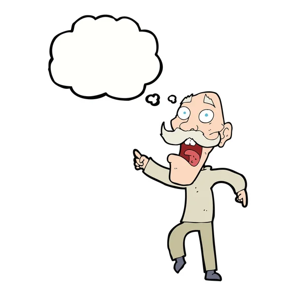 Cartoon frightened old man with thought bubble — Stock Vector