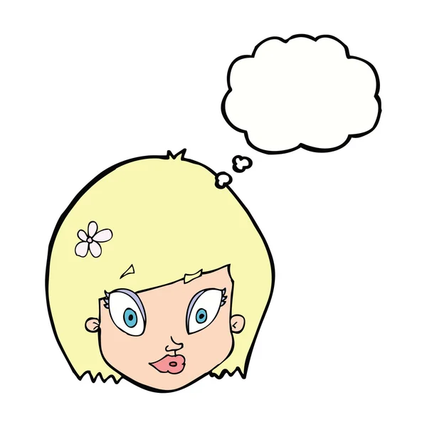 Dibujos animados cara femenina feliz con burbuja de pensamiento — Vector de stock