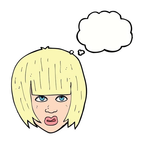 Karikatur nervt Mädchen mit großen Haaren mit Gedankenblase — Stockvektor