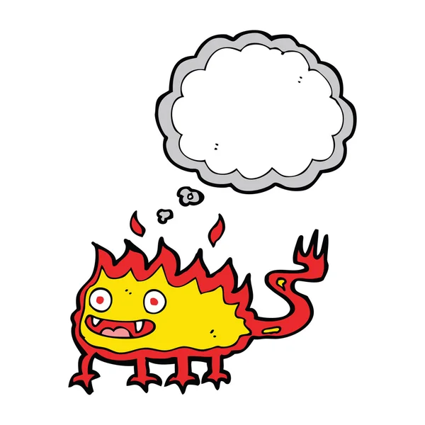 Cartoon little fire demon with thought bubble — Stock Vector