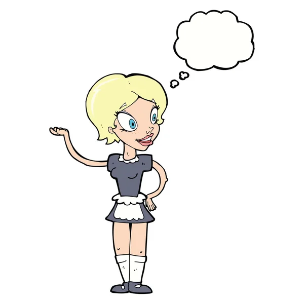 Karikatur Frau im Dienstmädchenkostüm mit Gedankenblase — Stockvektor