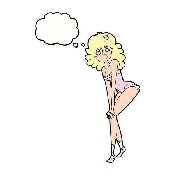 Cartoon vrouw in lingerie met gedachte bubble — Stockvector