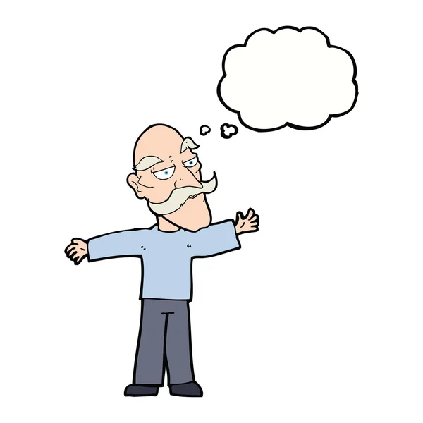 Cartoon alter Mann breitet Arme mit Gedankenblase aus — Stockvektor