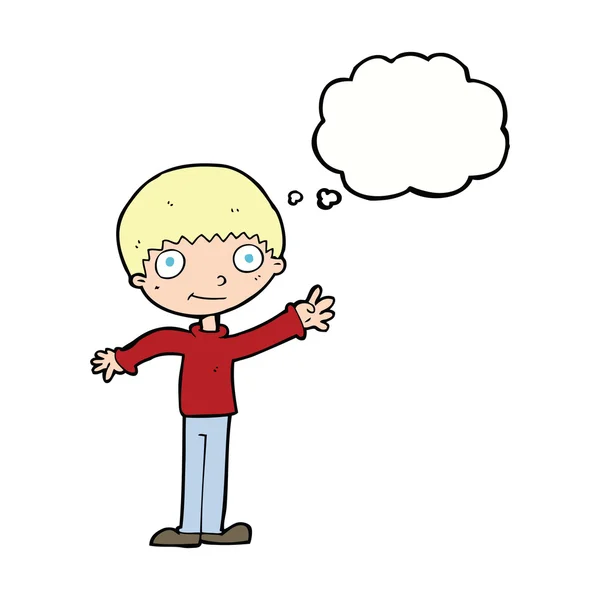 Dibujos animados niño saludando feliz con burbuja de pensamiento — Archivo Imágenes Vectoriales