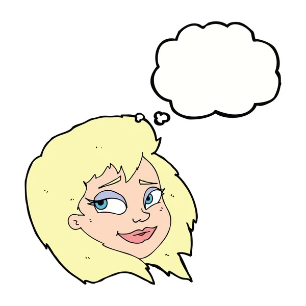 Καρτούν χαρούμενο γυναικείο πρόσωπο με φούσκα σκέψης — Διανυσματικό Αρχείο