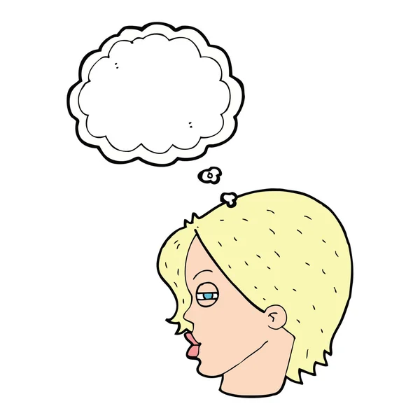 Desenho animado rosto feminino com olhos estreitados com bolha de pensamento — Vetor de Stock