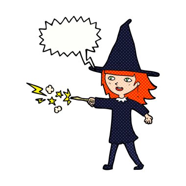 Çizgi film cadısı kız konuşma balonuyla büyü yapıyor.