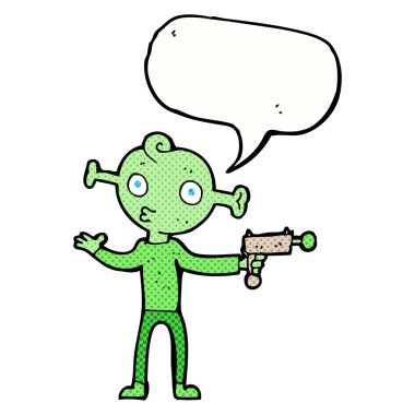 Konuşma baloncuklu ışın tabancalı bir uzaylı.