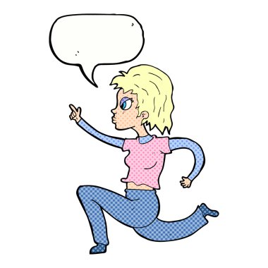 Çizgi filmdeki kadın konuşma balonuyla koşuyor ve işaret ediyor