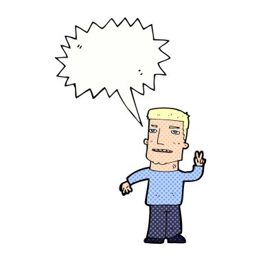 Çizgi film adamı konuşma balonuyla barış işareti yapıyor.