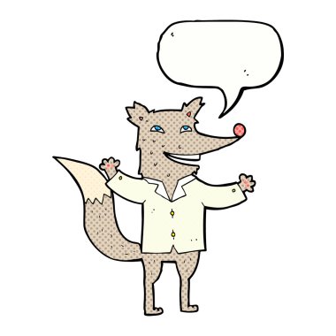 Mutlu Kurt çizgi filmi konuşma balonlu gömlek giyiyor.