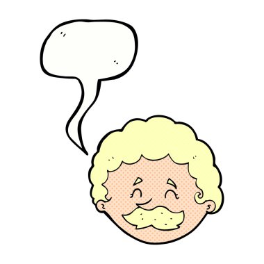 Konuşma baloncuklu bıyıklı çizgi film adamı.