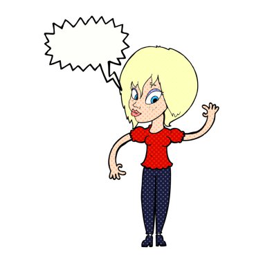 Çizgi film kadını konuşma balonuyla el sallıyor.