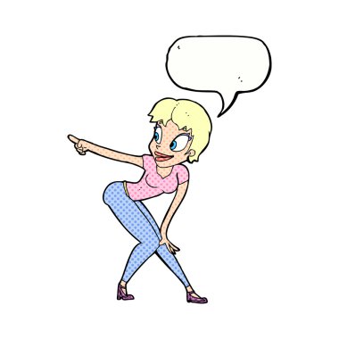 Güzel bir kadın konuşma balonunu işaret ediyor.
