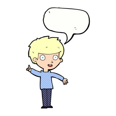 Konuşma baloncuğu fikri olan çizgi film çocuğu.