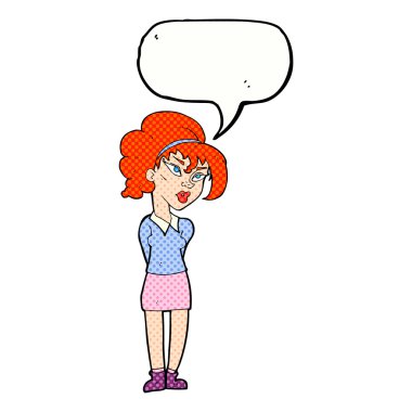 Çizgi filmdeki güzel kız başını konuşma baloncuğuyla eğiyor.