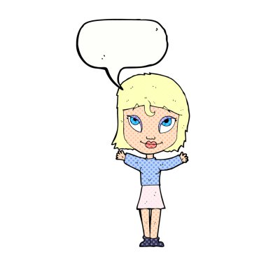 Konuşma balonuyla kollarını açmış çizgi film kadını.