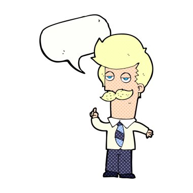 Bıyıklı çizgi film karakteri konuşma baloncuğuyla anlatıyor