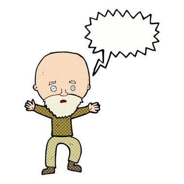 Çizgi film yaşlı adamı konuşma balonuyla panikletiyor.