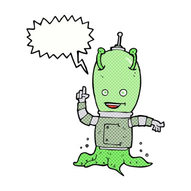 Konuşma baloncuğu olan uzaylı bir karikatür.