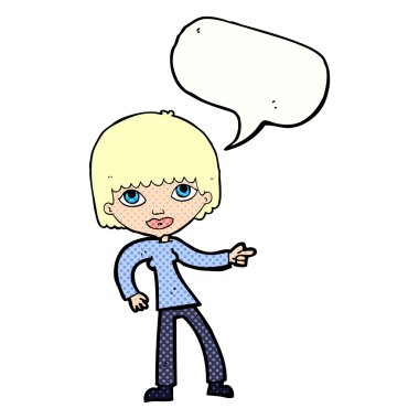 Çizgi filmdeki kadın konuşma balonunu işaret ediyor