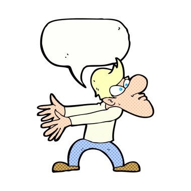 Karikatür, konuşma baloncuğuyla hareket eden sinirli bir adam.