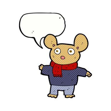 Konuşma baloncuklu kıyafet giymiş çizgi film faresi