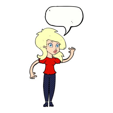 Çizgi film güzel kadın konuşma balonuyla el sallıyor