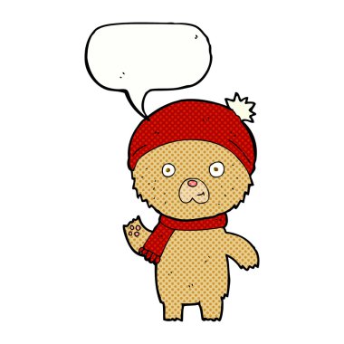 Konuşma balonlu oyuncak ayıyı sallayan çizgi film