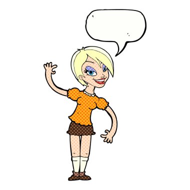 Çizgi film kızı konuşma balonuyla el sallıyor.