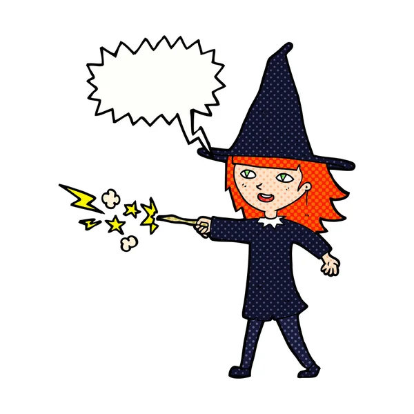 Cartoon witch girl casting spell with speech bubble — Stock Vector