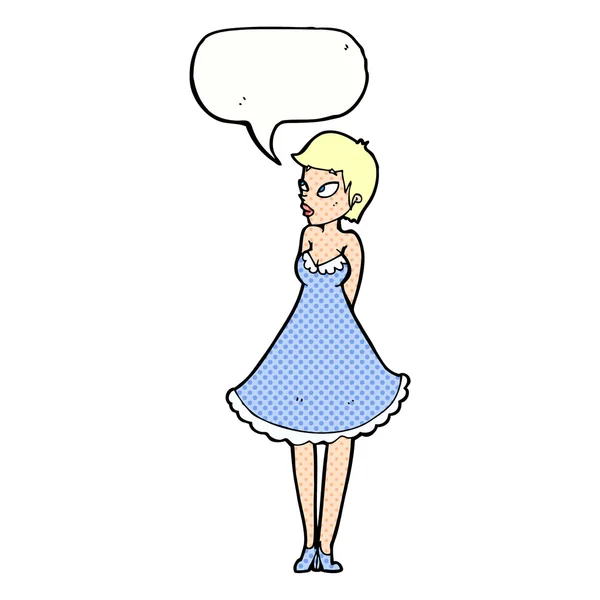 Cartoon pretty woman in dress with speech bubble — Stock Vector