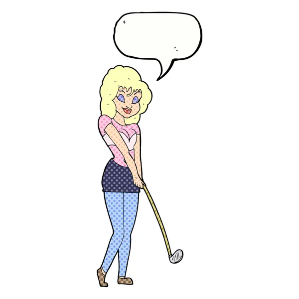 Cartoon vrouw golfen met tekstballon — Stockvector