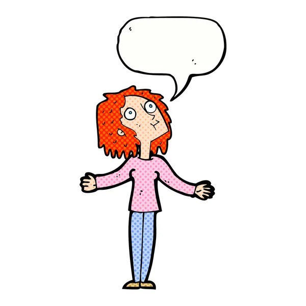 Cartoon curious woman looking upwards with speech bubble — Stock Vector