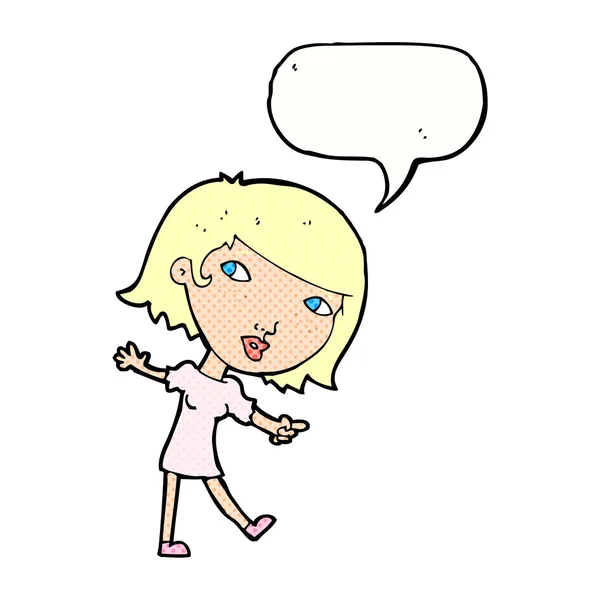 Cartone animato ragazza felice gesticolando a seguire con bolla discorso — Vettoriale Stock
